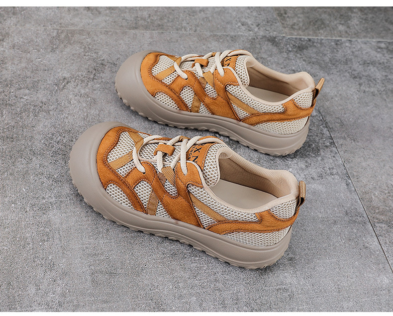 Giày sneaker nữ lưới thoáng khí đế mềm dây buộc da thật — màu be chi tiết 12