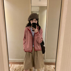 红白条纹连帽双拉链针织衫开衫女韩系复古宽松减龄毛衣外套上衣女