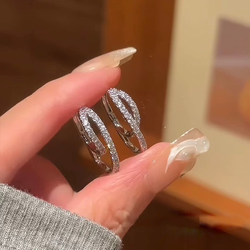 不规则双圈镶锆耳钉女士轻奢高级感气质爆闪耳环耳扣小众独特耳圈|undefined