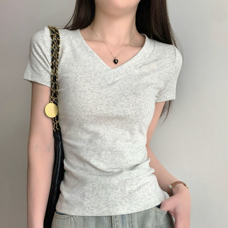 モーダルアイスシルク Tシャツレディース夏右肩 V ネック半袖スリムフィット弾性糸無地ボトムシャツトップ|undefined