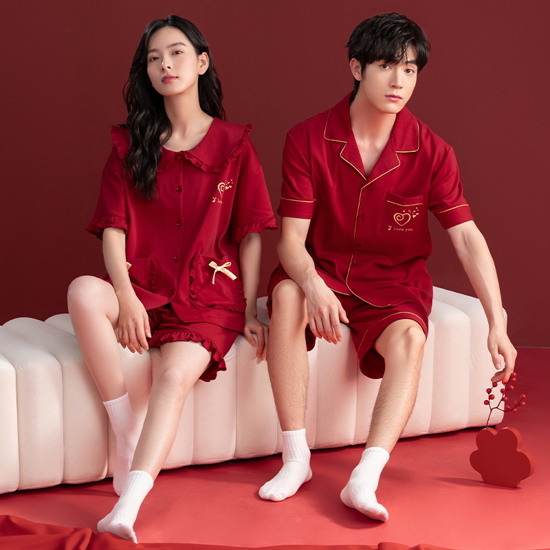 [7A antibacteriano] Conjunto de pijama de pareja de boda rojo verano algodón fino pantalones cortos de manga corta traje de servicio a domicilio