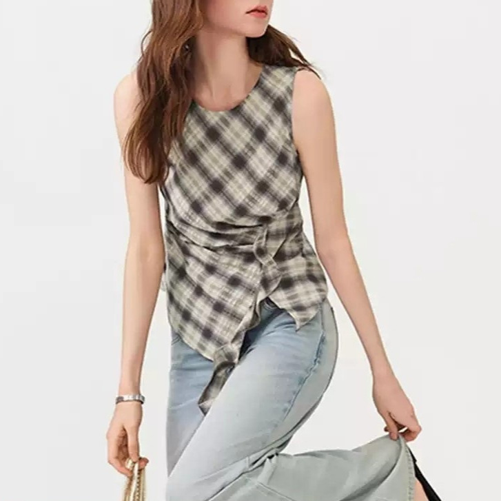 Fansilanen Retro Plaid Round Neck Waist-Cinching Slim Sleeveless Shirt for Women 2026 Summer New Style Ribbon Shirt 2130