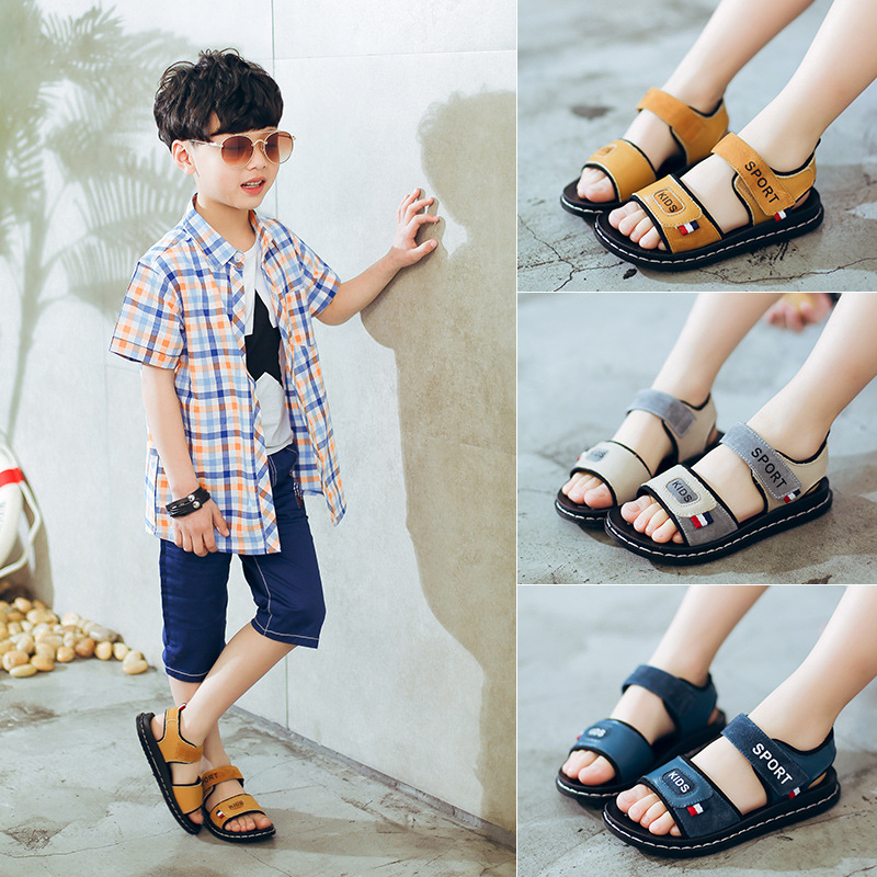 Boys' Sandals 2026 Summer Korean Style for Older Children, Little Boys' Beach Shoes with Velcro, Soft Sole, Fashionable Children's Shoes
