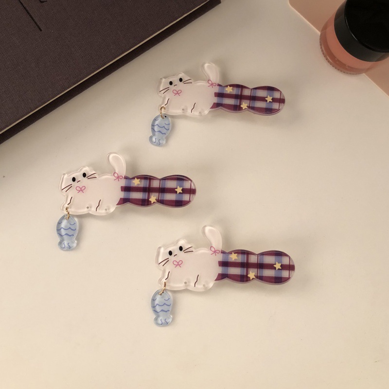 Sweet Cartoon Fishing Kitten Hairpin Plaid Cat Side Hairpin Versatile Girly Heart Small Fish Pendant Hair Accessory