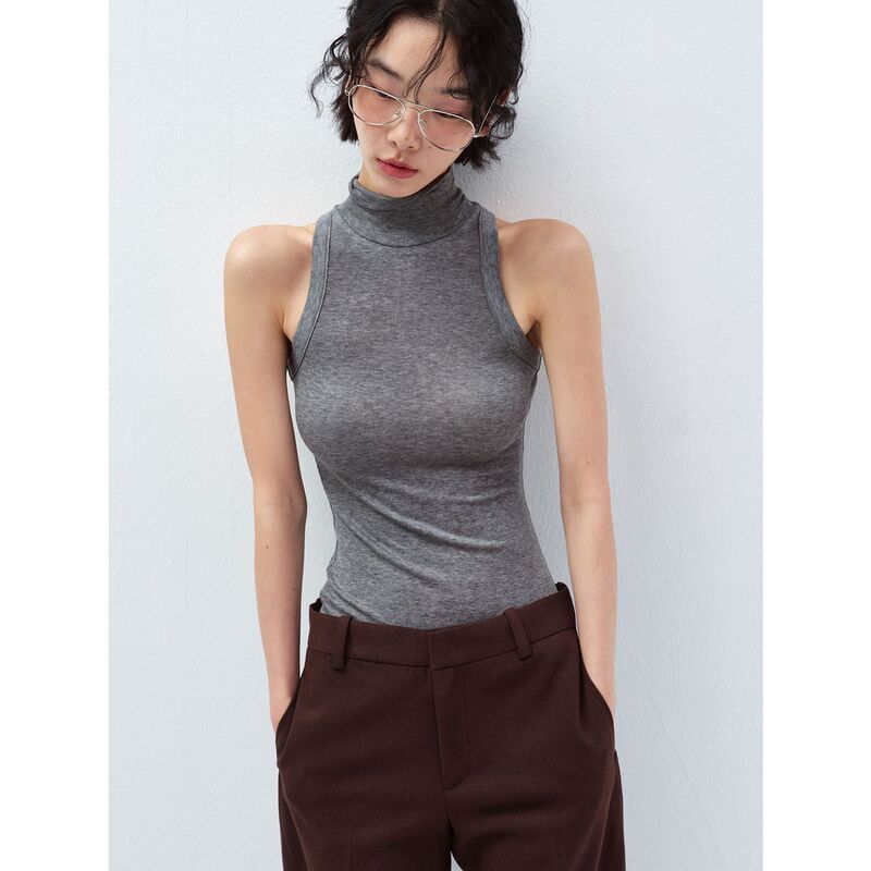 【Time Label Black】New Tencel Wool High Collar Basic Solid Color Casual Sleeveless Vest Top for Women V60296 【Time Label Black】New Tencel Wool High Collar Basic Solid Color Casual Sleeveless Vest Top for Women V60296