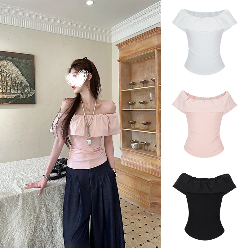 Mosesqueen Pink French-Style One-Shoulder Short-Sleeve T-Shirt for Women with Ruffled Waist and Exposed Shoulders Mosesqueen Pink French-Style One-Shoulder Short-Sleeve T-Shirt for Women with Ruffled Waist and Exposed Shoulders