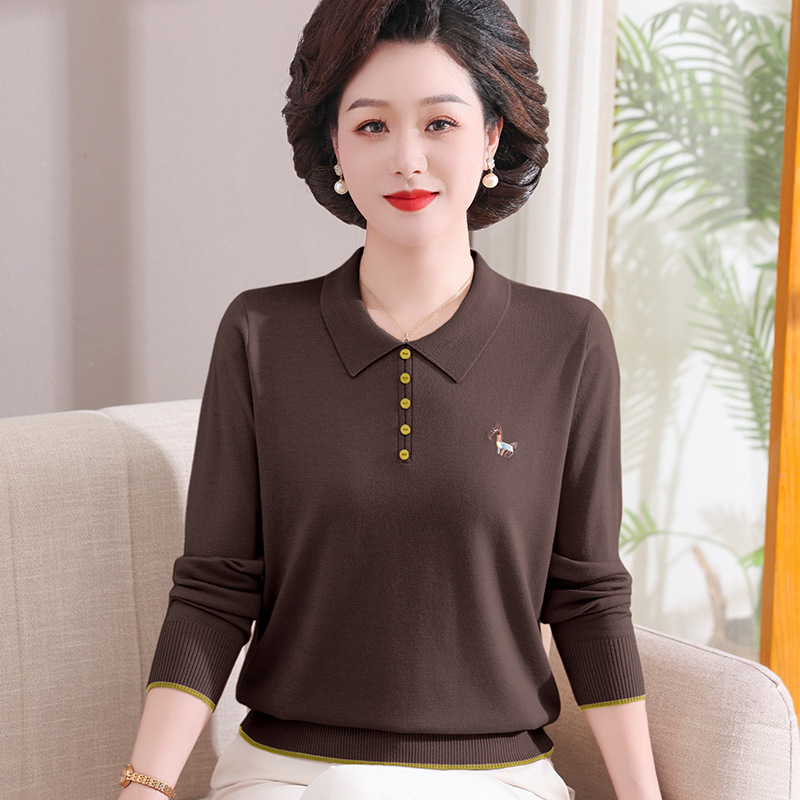 中年のお母さんの洋風の小さいシャツの春の服の2025新型の底の上着の中で老年の婦人服のニットの長袖のtシャツ|undefined