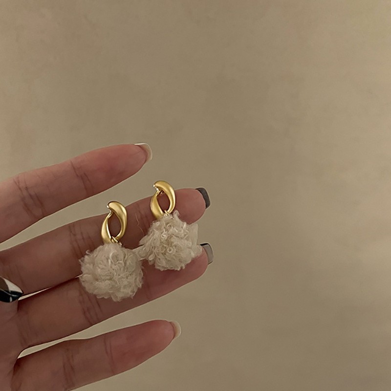 Korean fashion lamb wool plush ball earrings new niche geometric all match silver needle earrings trend_voghion.com