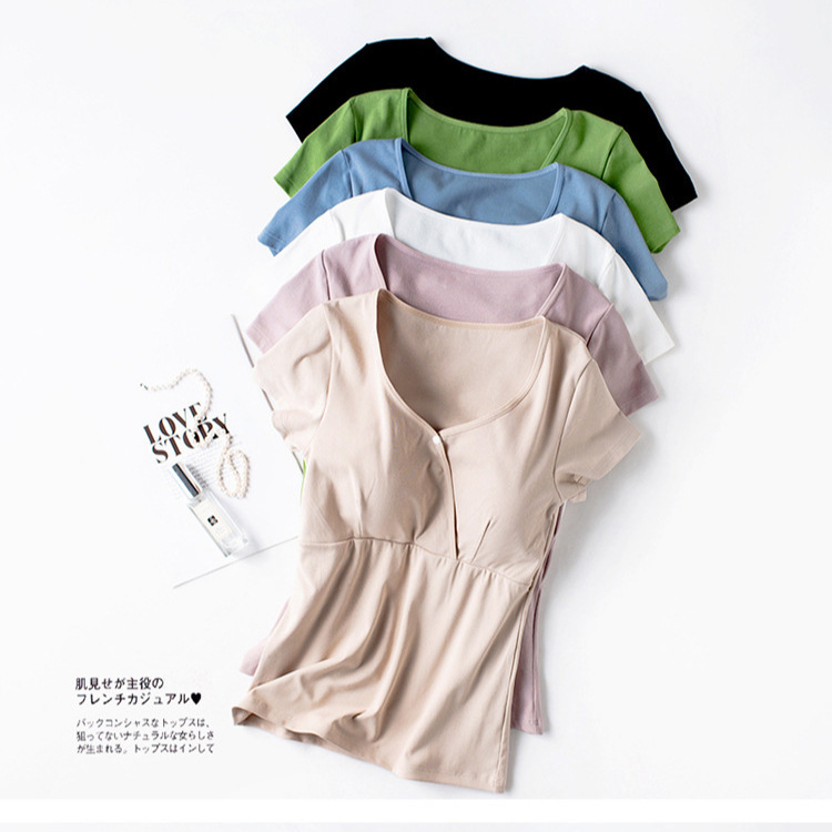 Breastfeeding Top Short-sleeved Fashion Going Out T-shirt Half-sleeved Breastfeeding Clothes Pregnant Women's Pajamas Summer Thin Summer Clothing Pure Cotton