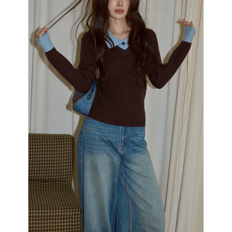 Brown Inner Top for Women, Winter Two-Piece Style Base Shirt, Regular Shoulder Slim-Fit Sweater, Polo Collar Knitwear Brown Inner Top for Women, Winter Two-Piece Style Base Shirt, Regular Shoulder Slim-Fit Sweater, Polo Collar Knitwear