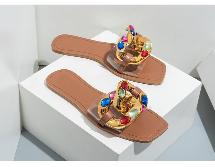 Ciabatte Cross Border Nuovi sandali piatti da donna con strass color caramello Pantofole trasparenti con fibbia in metallo moda femminile_voghion.com