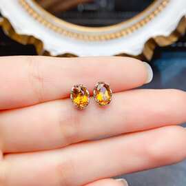 跨境亚马逊爆款天然黄水晶耳钉s925耳钉小众高级感耳饰5*7mm耳环