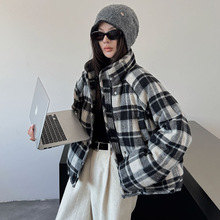 爆款毛呢格子拼接羽绒服女短款立领加厚小个子保暖时尚面包服外套