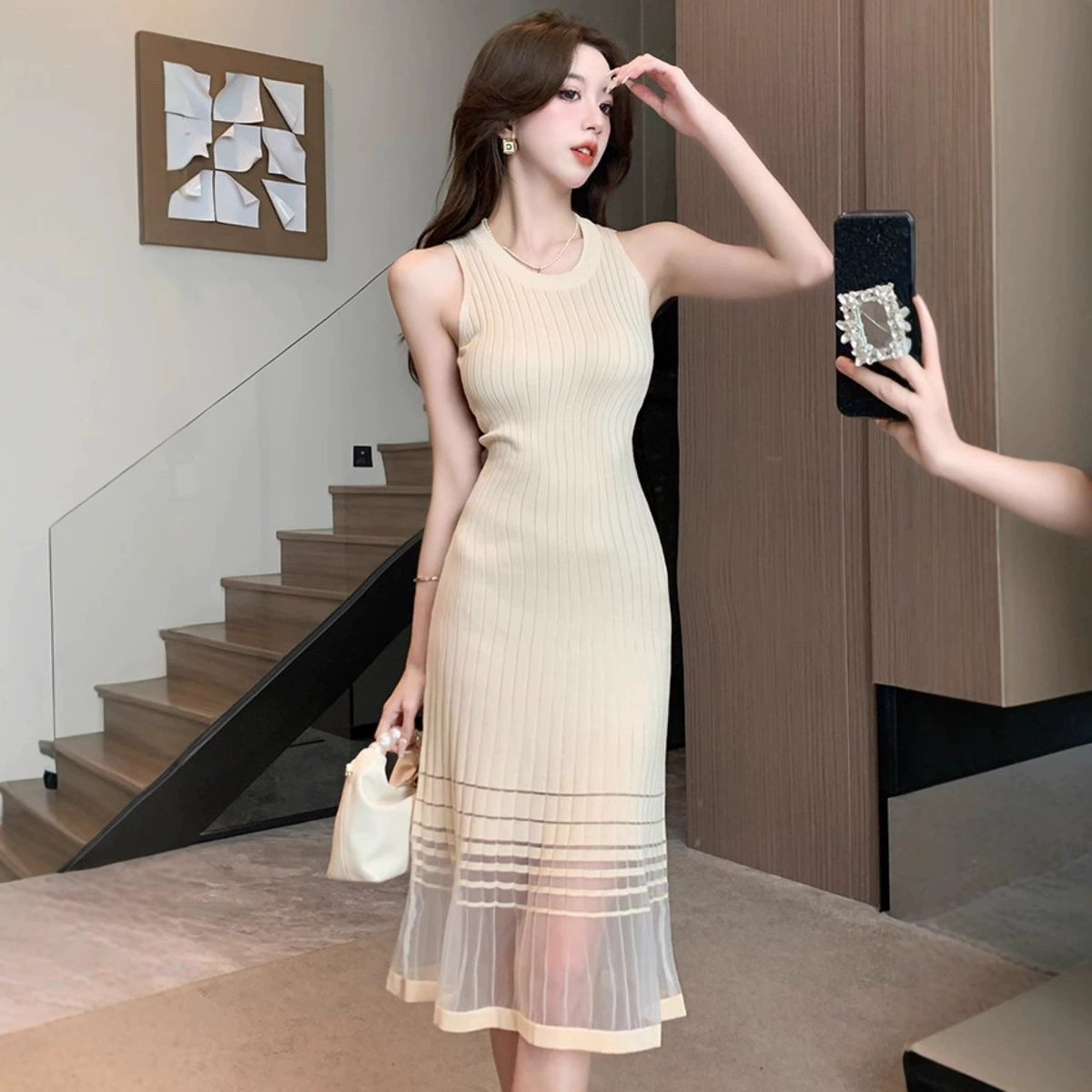 2023 летнее новое тонкое французское вязаное платье, женское облегающее платье миди без рукавов.