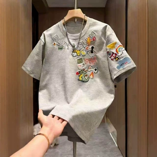 2026新款美式复古短袖T恤男生卡通贴布刺绣宽松男士潮流百搭半袖