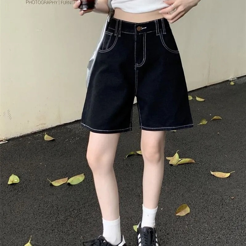 【韩牛】黑色牛仔短裤女夏宽松直筒2025秋季高腰显瘦百搭五分裤子|undefined