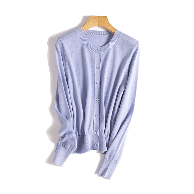 [Machine Washable] 48-Count Wool Blend Round-Neck Knitted Cardigan for Women, Spring Style, Elegant Workwear, Solid Color Sweater Coat