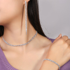 歐美時尚新娘首飾套裝簡約水鑽項鍊耳環手鍊三件套Jewelry Set