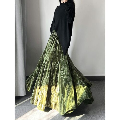 Velvet skirt, fishtail skirt, long spring, autumn, winter, national style skirt, large skirt, printed retro women, pink long dress, children
