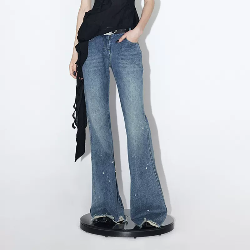 现货ourho烫钻毛边下摆 低腰宽松微喇叭阔腿牛仔裤女春秋2025新款