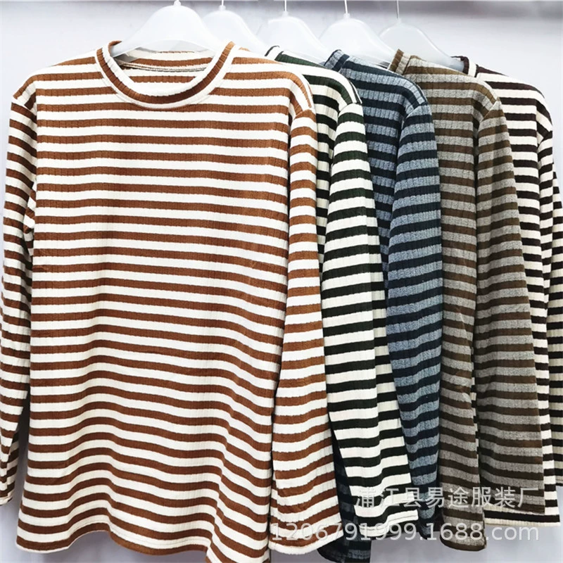 Новинка осени/зимы 2025: Красочный хлопково-кашемировый самонагревающийся женский термотоп с круглым вырезом и полосатым узором, с воротником средней высоты