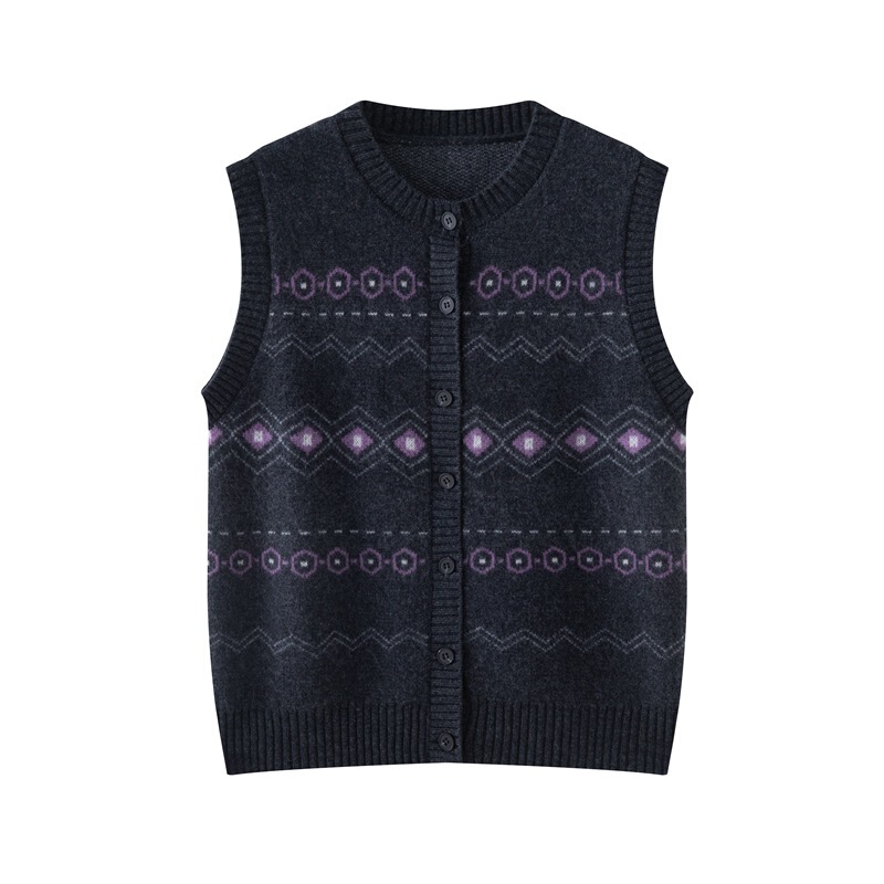 Retro Jacquard Cashmere Round Neck Knitted Vest for Women Autumn Outer Wear 2025 New Sweater Vest Vest Cardigan Jacket