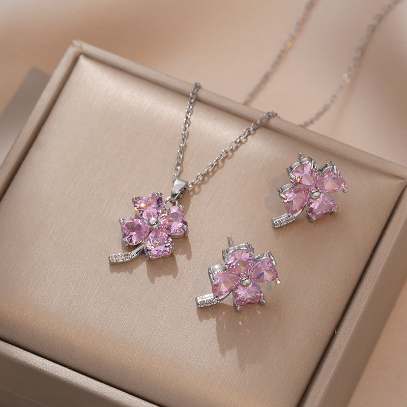Daily Occasion Casual Simple Style Four Leaf Clover Heart Shape Titanium Steel Inlay Zircon Earrings Necklace