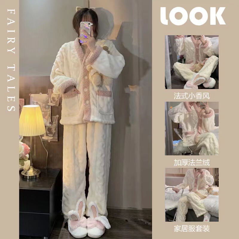 Autumn and Winter Ins Pajamas Women's Thickened Warm Chanel Style Plush Cardigan Casual Simple Home Clothes Two-piece Set
