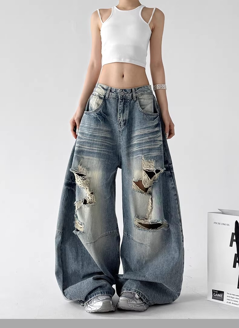 Women's Dark Blue Ripped Wide Leg Jeans Slimming Street Style Floor Length Pants Summer New Design_mkmklike.com