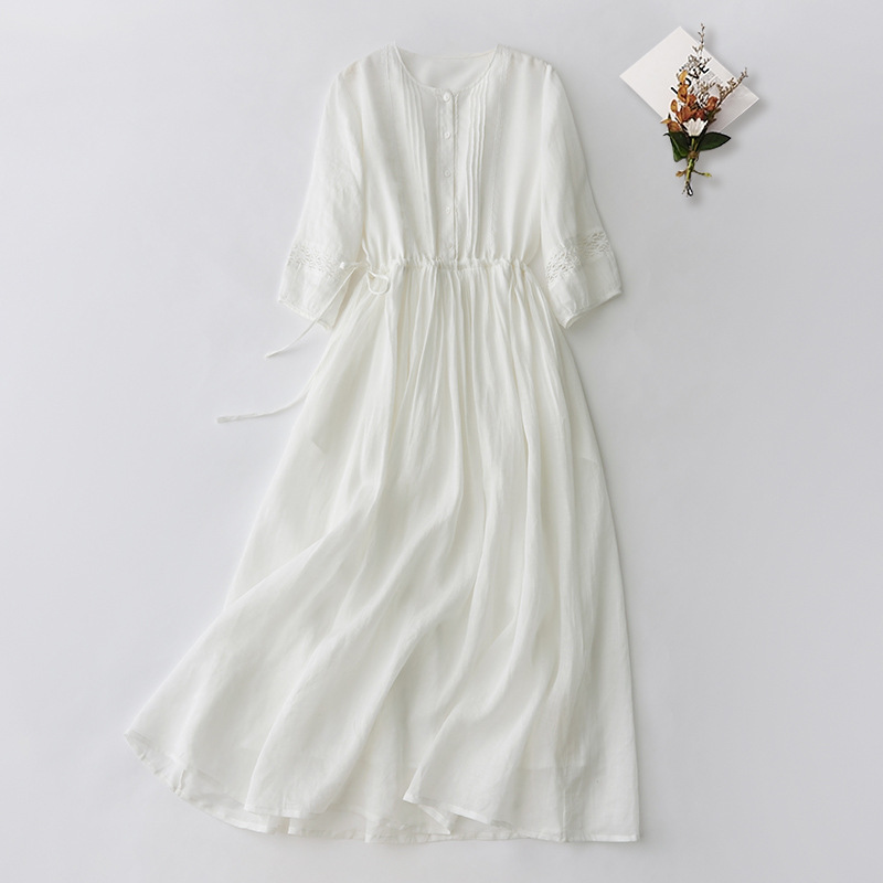 Real Shot of Gentle Style Holiday White Dress Ramie Round Neck Design Elegant Pure Color Large Hem Skirt for Women
