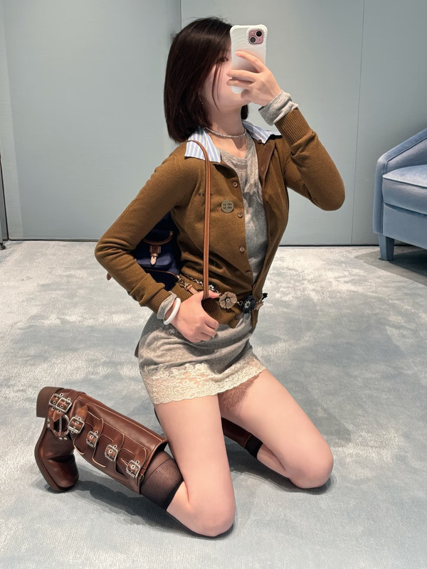 miu系羊绒开衫南油高版25新款假两件可拆卸翻领针织外套女毛衣|undefined