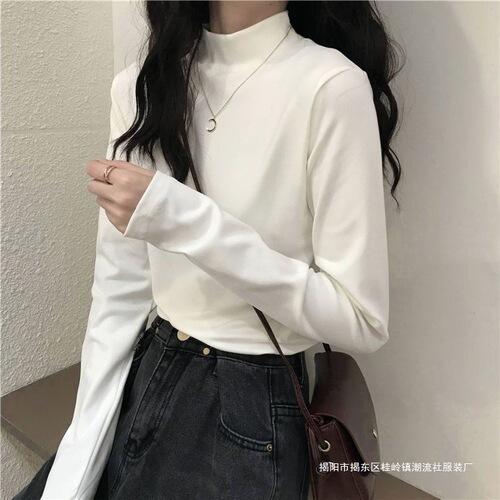 Deer velvet half-high collar base shirt women's inner wear autumn/winter new long-sleeved T-shirt slimming and warm outerwear