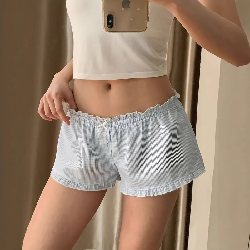 Purely Sexy Low-Waist Bm-Style Light Blue Small Checkered Lace Button Casual Shorts for Women Purely Sexy Low-Waist Bm-Style Light Blue Small Checkered Lace Button Casual Shorts for Women