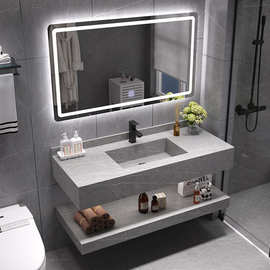 轻奢岩板一体浴室柜组合卫浴卫生间厕所洗脸洗手池洗漱台智能镜柜