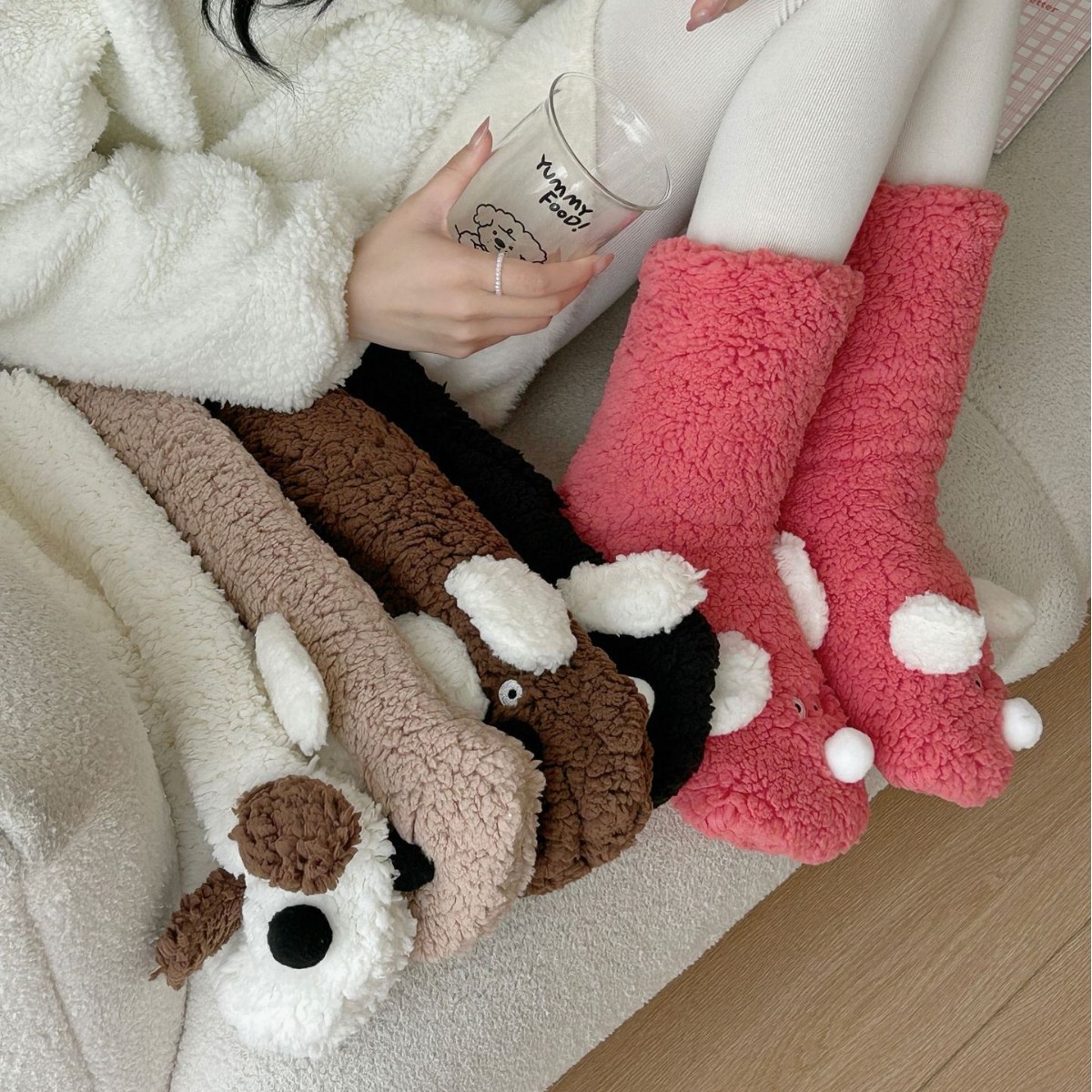 Wangwang Dog Air Conditioning Socks Autumn and Winter Coral Fleece Floor Socks Thickened Non-Slip Mid-Tube Warm Foot Sleep Socks
