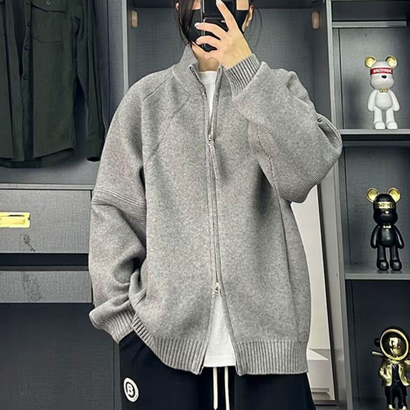 American retro double-zipper sweater for men, autumn and winter deconstructed patchwork boxy knitwear with ribbed stand-up collar, base layer jacket American retro double-zipper sweater for men, autumn and winter deconstructed patchwork boxy knitwear with ribbed stand-up collar, base layer jacket