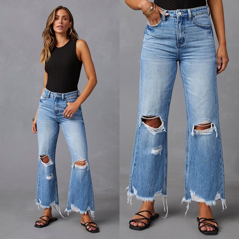 2025 European and American Cross-Border Ripped Fringe Denim Women's Street Style High-Waisted Straight Wide-Leg Long Pants Summer Jeans for Women