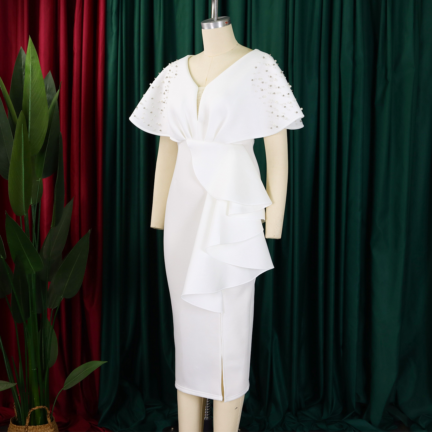 Robe de soirée sexy à col en V et à volants avec fente perlée, robe de banquet de tempérament de célébrité_voghion.com