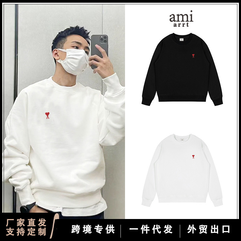 Ami Pure Cotton Round Neck Sweatshirt for Men and Women with Heart Embroidery Letter a Spring and Autumn New Style Loose Casual Long-Sleeved Top Trendy
