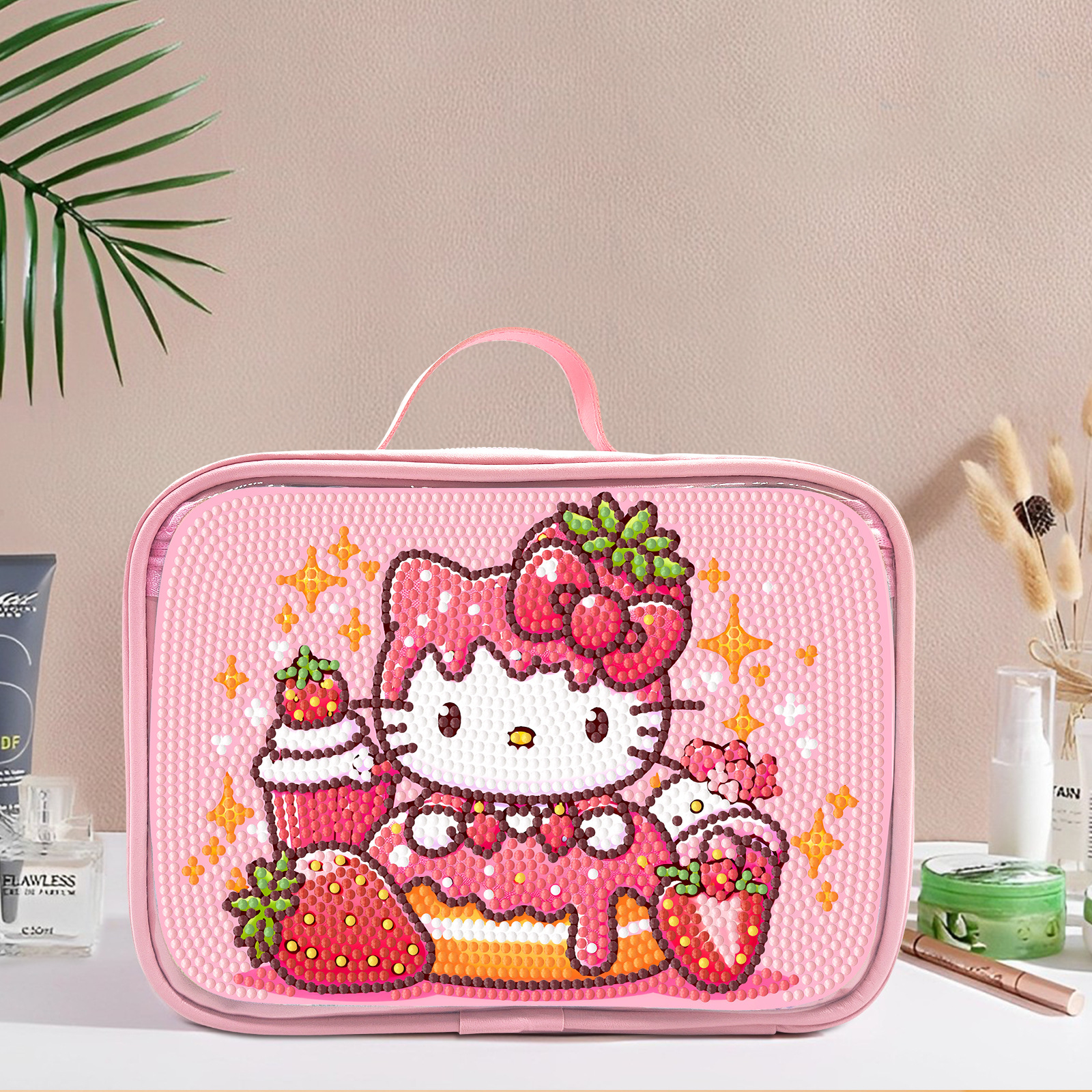 Diamante pintura alrededor de la bolsa de maquillaje hecha a mano bolsas de maquillaje DIY dibujos animados rosa comercio exterior venta al por mayor