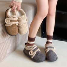 魔术贴舒适单鞋通勤平底毛毛鞋秋冬季时尚复古厚底浅口防滑棉鞋女
