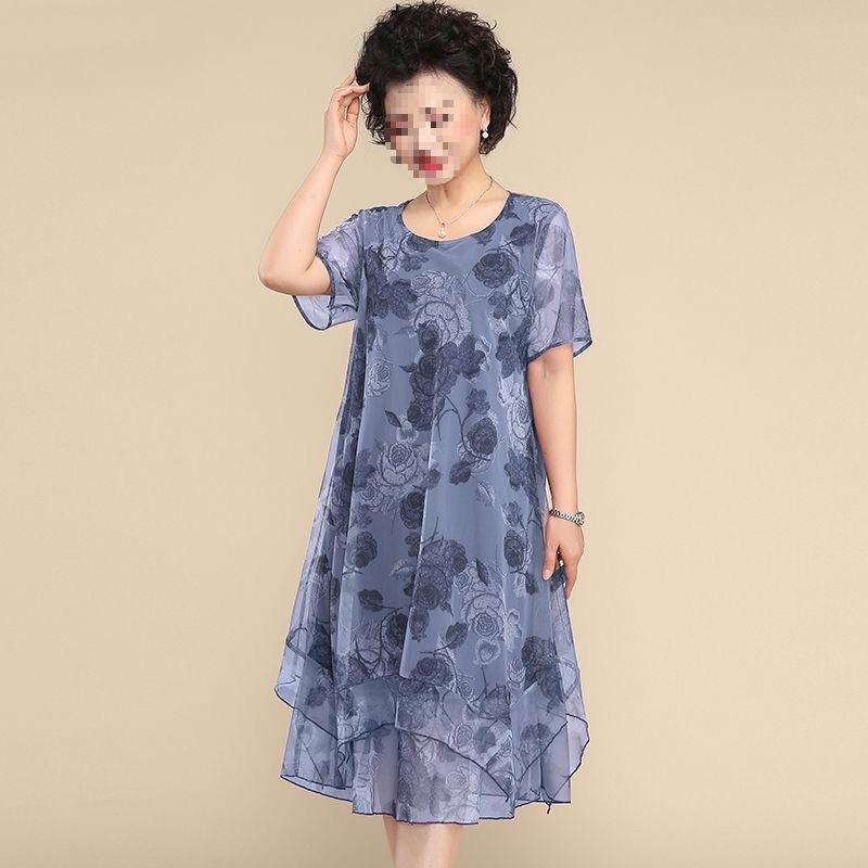 Plus-Size Short-Sleeve Dress for Fat Women, Loose and Slimming, Stylish Mom Dress, Mesh Floral Dress Plus-Size Short-Sleeve Dress for Fat Women, Loose and Slimming, Stylish Mom Dress, Mesh Floral Dress
