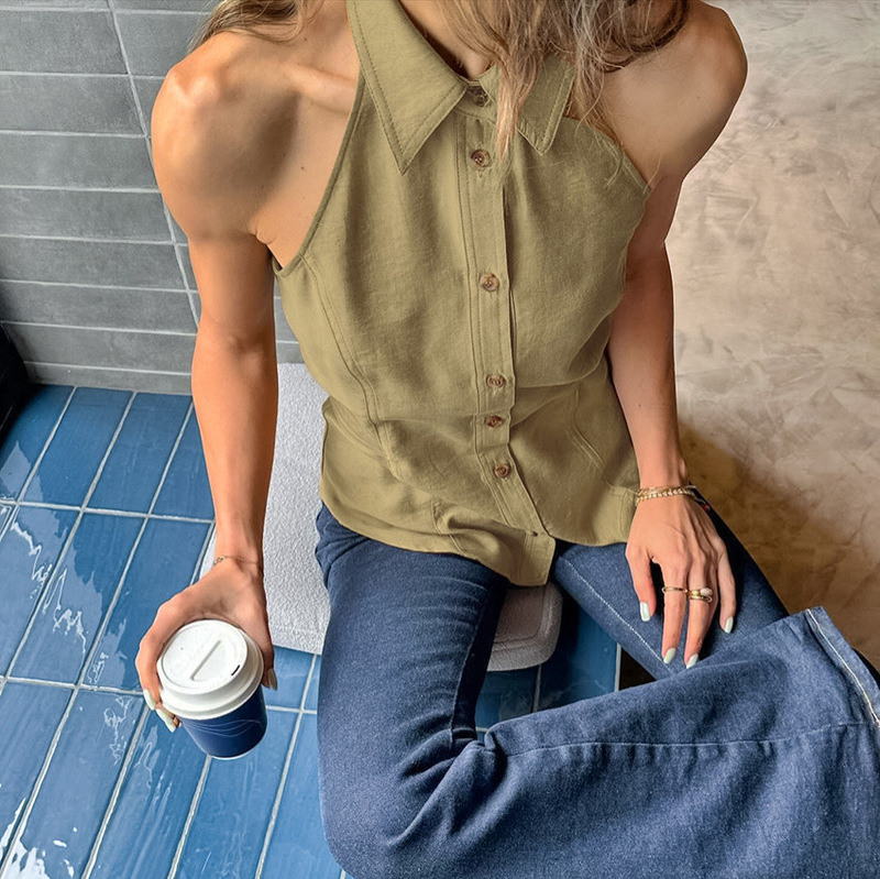 夏季通勤女装辣妹无袖翻领挂脖吊带外穿跨境新款简约修身露背上衣|undefined