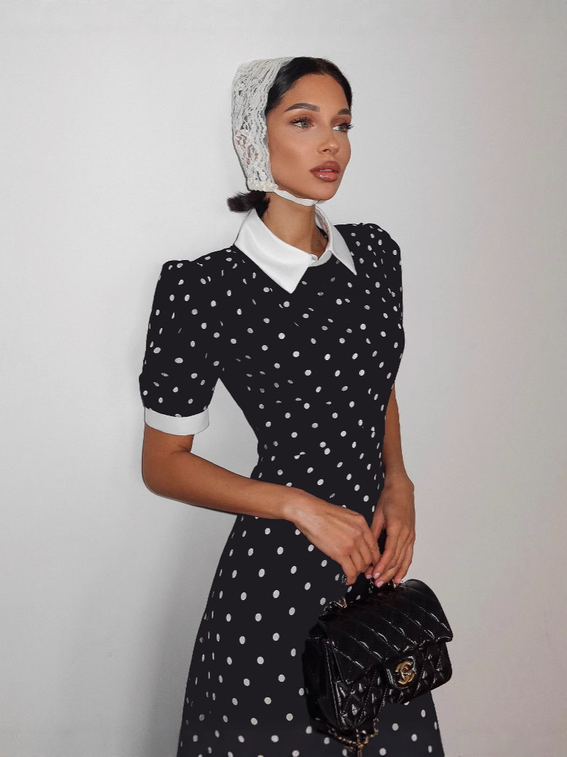 French-Style Polka Dot Print Dress 2026 Spring/Summer New Color-Blocking Fashion Elegant Commuter Waist-Cinching A-Line Dress