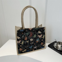 Nature-inspired light retro oil painting style linen tote bag 2024 new trendy butterfly crossbody bag for women