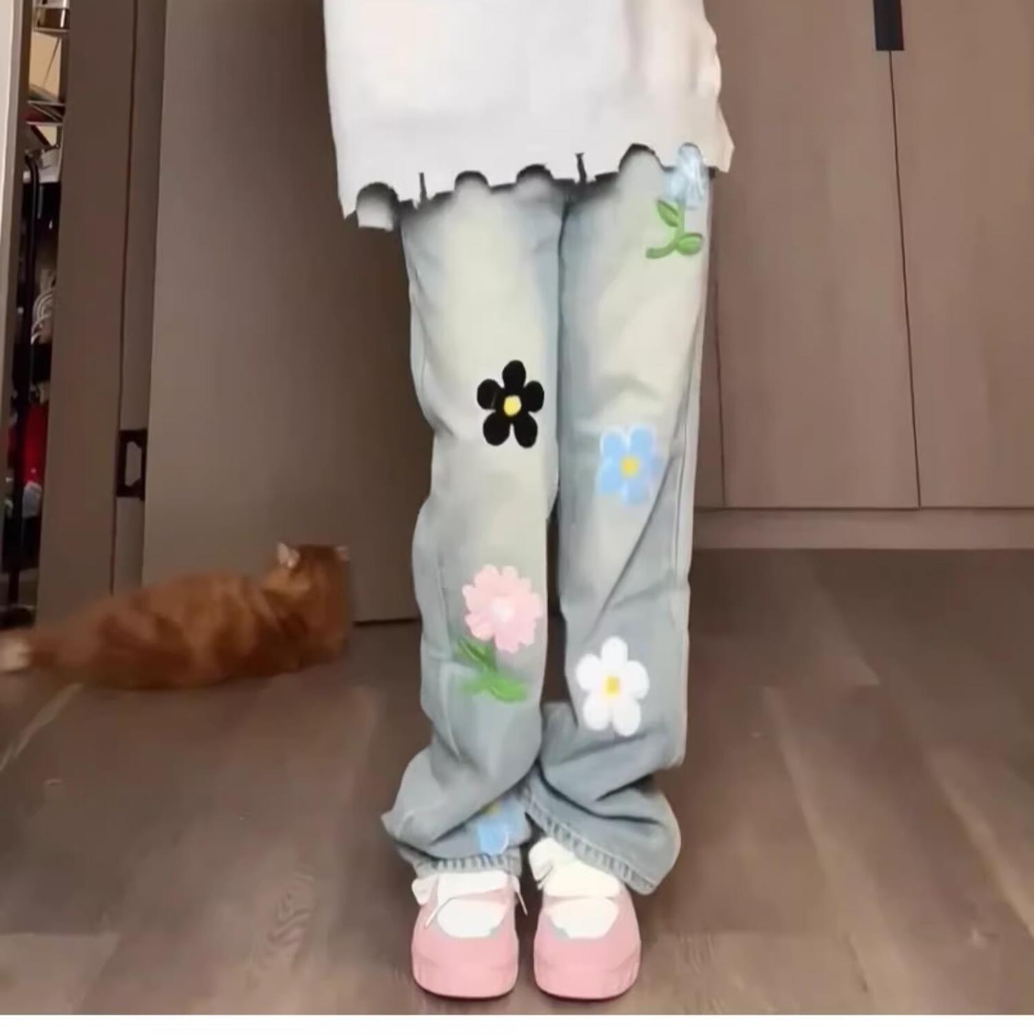 美式春秋款复古花朵刺绣牛仔裤高腰设计感宽松直筒阔腿长裤ins潮