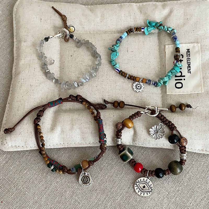 Bohemian Ethnic Style Colorful Natural Stone Braided Rope Bracelet for Women, Retro Light Luxury Fashion Versatile Bracelet Jewelry