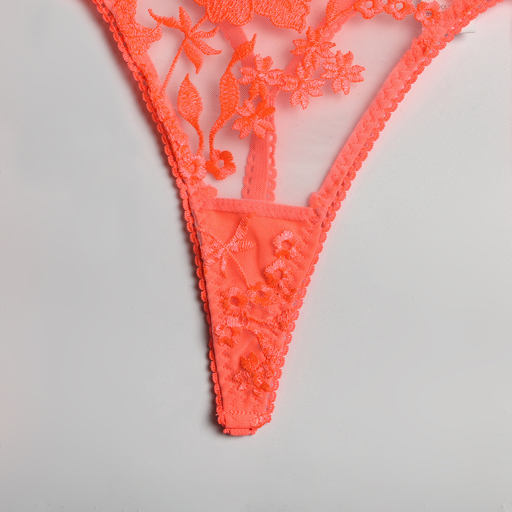 Embroidery Flower Stitching Steel Ring Garter Solid Color See-Through Sexy Underwear Set NSMXF113431