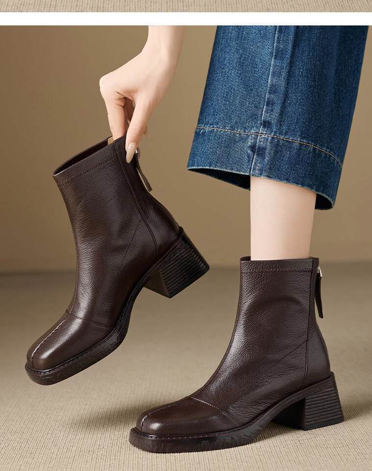 Bốt ngắn nữ mũi vuông da bò gót dày 6 cm khóa kéo sau — Màu nâu (lớp lót nhung 6cm) có sẵn hàng, Màu nâu (lớp lót đơn 6cm) có sẵn, Màu đen (lớp lót nhung 6cm) có sẵn hàng, Màu đen (lớp lót đơn 6cm) có sẵn hàng chi tiết 6