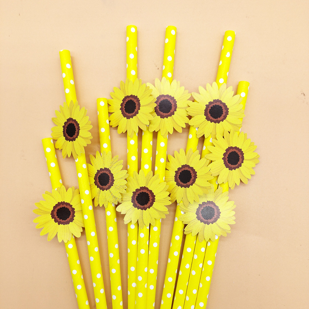 Paja de papel rojo neto girasol sol flor Tarjeta de paja desechable degradable postre fiesta decoración paja